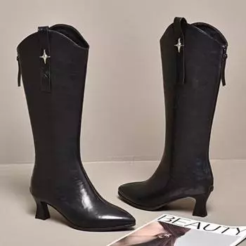 fashion Pointed Toe Women Knee Snow High Boots Fad High Heels Leather Shoes Winter 2025 Trend Goth Chelsea Party Shoes Pumps Botas Mujer 35