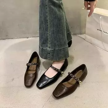 Fashion Pointed Toe Women Loafers 2024 New Arrivals Casual Mules Luxury metal chain design low heeled Mary Jane shoes Women Party Pumps 35 чёрный