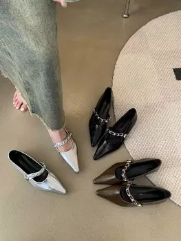 fashion Pointed Toe Women Mules Ballet Dance Loafers 2024 New Arrivals Black Brown Silver Metal Chain Casual Sandals Belt Buckle 35-39 5.5 чёрный
