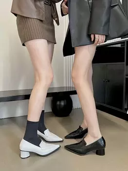 fashion Pointed Toe Women Office Shoes Pumps Round Mid Heeled Shallow Slip On Black White Dress Shoes Woman Size 35-39 Sexy Ladies Pumps 5.5 чёрный