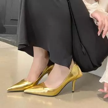 fashion Pointed Toe Women Pumps Shallow Slip On Thin High Heels Sexy Party Pumps 2024 New Arrivals Office Pumps Silver Gold White Beige 5.5 чёрный