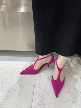 fashion Pointed Toe Women Sandals 2024 New Arrivals Fashion Dress Shoes Thin High Heels Rose/Black Party Dress Sandals Ankle Strap 35-39 5.5 чёрный