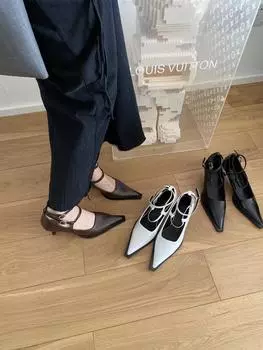 fashion Pointed Toe Women Sandals 2024 New Arrivals Black White Brown Autumn Spring Ankle Strap Party Dress Shoes Thin High Heels Mules 5.5 чёрный