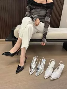 fashion Pointed Toe Women Sandals Fashion Dress Shoes Thin High Heels Back Strap Elastic Black Silver White Stiletto Pumps Sandals 39 5.5 чёрный