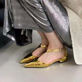 Модные женские сандалии с острым носком, на плоской подошве, с ремешком на щиколотке, из лакированной кожи, модные туфли для женщин, женские, вечерние, размер 35-39 5.5 чёрный