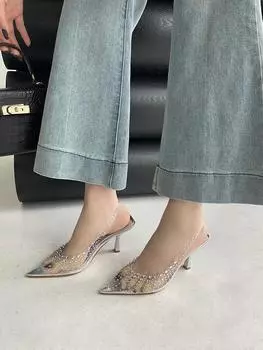 fashion Pointed Toe Women Sandals Transparent Silver Rhinestone Crystal Dress Shoes Thin High Heels 2024 New Arrivals Pumps Sexy 35-41 5.5 серебряный