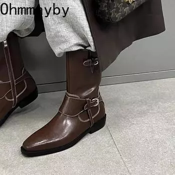 мода остроносые женские ковбойские сапоги в стиле вестерн модные туфли с пряжкой на ремне в стиле ретро осень-зима женские полусапожки до середины голени 35 коричневый