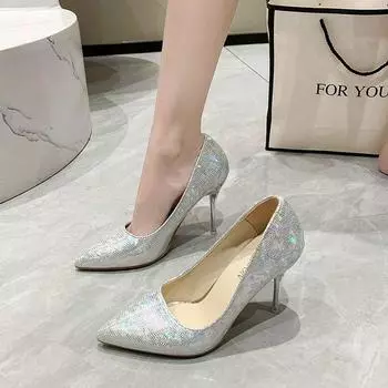 Fashion Pointy Backless Thin Super High Heel with Heel Heel Sequin Decoration Shallow Mouth Fashion Sexy Wind Banquet Sequins Heels 34 серебряный