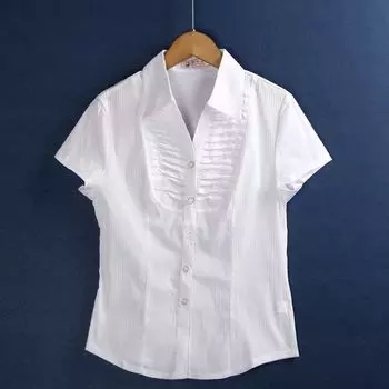 Fashion Polo Collar Pleated Button Elegant Business Short-Sleeved Shirt White M