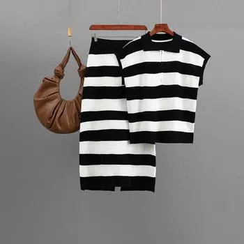 Fashion Polo Collar Striped Knitted Short Sleeved Set For Women s Casual Wide Leg Pants Summer Two-piece Set OneSize чёрный