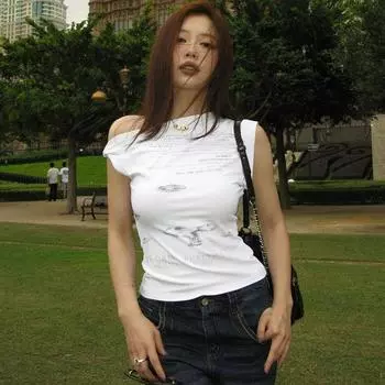 Fashion Print Oblique Shoulder 2024 Summer New Arrival T-shirt White L