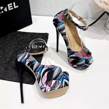 Fashion Print Peep Toe Thin High Heels Women Thick Sole Platform Sandals Pole Dancing Ankle Buckle Pumps Shoe Zapatillas Mujer 35 чёрный