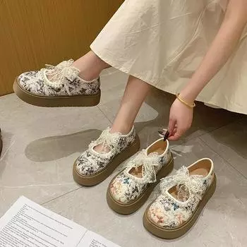 Fashion printed lace bow platform shoes 2025 spring and autumn new college style sweet loafers small leather shoes 35 чёрный