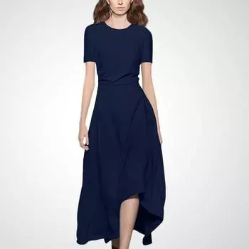 Fashion Printed Large Hem Elegant Retro Short Sleeve Dress Navy blue- L