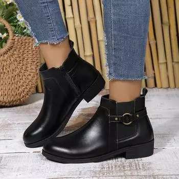 fashion Pu Leather Classics Black Thick Heel Ankle Boots Metal Zipper Low Platform Woman Shoes Winter Round Toe Slip On Short Boots 36 чёрный