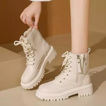 Fashion PU Leather Woman Snow Boots Winter Keep Warm Plush Ankle Boots Classic zipper punk motocycle boots Woman Thickened Cotton shoes 35 чёрный