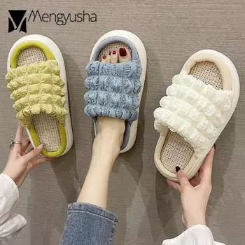 Fashion Puff Slippers Women Home Stretch Qulitted Sandals Ladies Breathable Flip Flops Platform Slides Cozy Muffins Bathroom Shoes 6 жёлтый