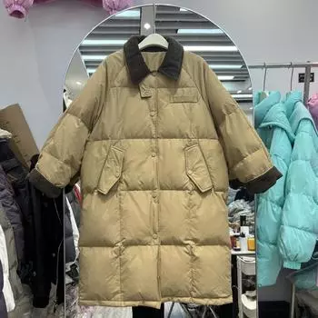 FASHION Пуховик 2024 Зимний костюм Воротник Вельвет Сращивание Средняя и Длинная Выше Колена Теплая Модная Утолщенная Женская Куртка Одежда S