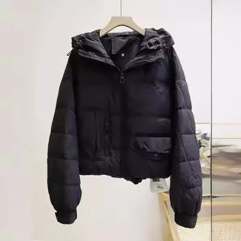 FASHION Пуховик женский короткий 2024 Новый белый утиный пух модный свободный универсальный с капюшоном теплая куртка трендовая одежда S оранжевый