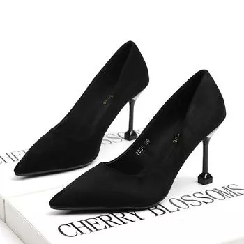 fashion Pumps Women Shoes Flock Shallow Slip-on Pointed Toe High Heels Ladies Sexy Party Wedding Shoes Black Elegant Office Dress Shoes 34