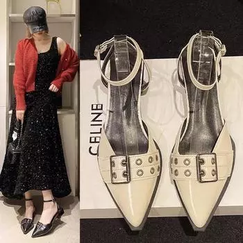 Fashion Punk Goth Metal Buckle High Heels Sandals Women 2024 Summer Pointed Toe Black Party Shoes Woman Korean Style Mid Heeled Sandals 35 бежевый