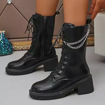 fashion Punk Style Chain Decor Combat Boots Women Autumn Winter Chunky Heels Mid Calf Boots Woman Fashion Zipper PU Leather Botas Mujer 36 чёрный