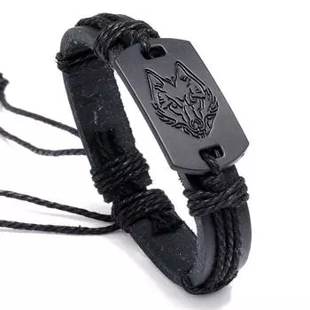 Fashion Punk Style Men s Leather Wristbands Bracelet Black Wolf Head Bracelet Simple Solid Color Multi-layer