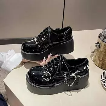 Модные женские туфли в стиле панк на платформе, лакированные туфли Мэри Джейн для женщин, готические туфли с металлической цепочкой для косплея, милые ботинки 35 чёрный