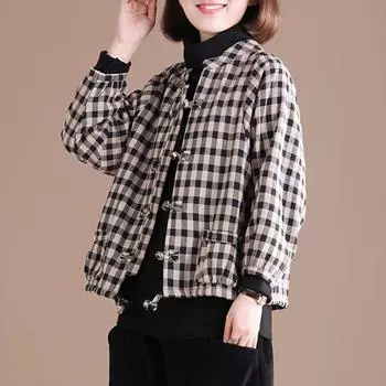 FASHION Pure Cotton New Velvet Thickened Literary and Retro Top Loose Large Size Thin Plaid Jacket Women s Short M