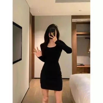 Fashion Pure Desire Tall Black Extended Style Long Sleeves Sexy Knitted Hip Skirt Fall and Winter Bottoming Slim-Fit Jumpsuit Skirt Black [regular 82cm/recommended height 155-165]] S