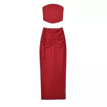 Fashion Pure Desire Tube Top Skirt Suit Silm Stretch Mop Split Ruched Long Dress Bandeau Sexy Two-Piece Set Burgundy S/Proposed 40.00 kg-45.00 kg