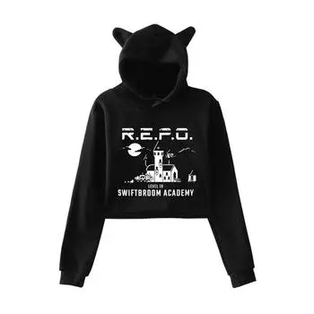 Fashion R.E.P.O Cartoon Printed Kawaii Crop Top Hoodie Funny Cat Ear Cropped Short Sweatshirt Hooded Pullover Women Tops Streetwear XS белый