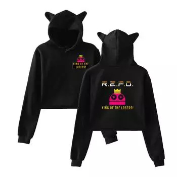 Fashion R.E.P.O Printed Kawaii Crop Top Hoodie Funny Cat Ear Cropped Short Sweatshirt Hooded Pullover Women Tops Streetwear XS белый