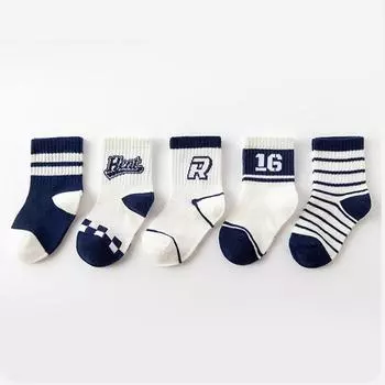 Fashion R Letter Baby Socks 5 Pairs Summer Mesh Breathable Boy Girl Stripe Middle Tube Socks 0-12 Years Kids Casual Sports Socks 6-8Y