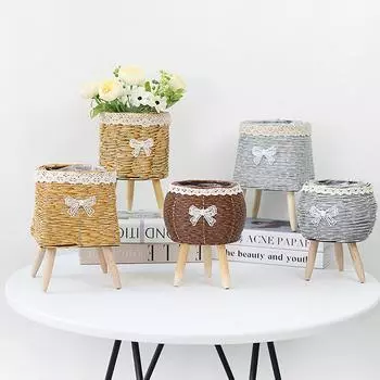 Fashion Rattan Woven Flower Pot Creative Flower Planters With Legs Durable Hand Wove Plant Stand Desktop Plant Pot Basket 5