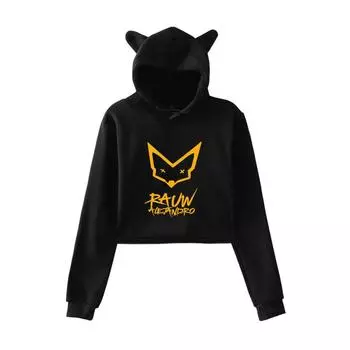 Fashion Rauw Alejandro Printed Kawaii Crop Top Hoodie Funny Cat Ear Cropped Short Sweatshirt Hooded Pullover Women Tops Streetwear XS белый