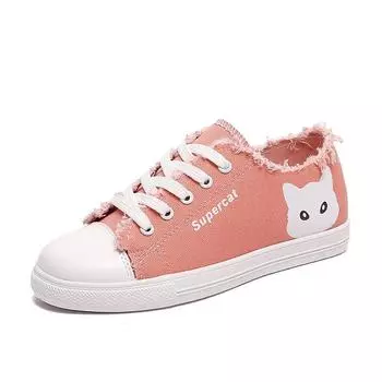 Fashion Red Cat Fashion Women Canvas Shoes Round Toe Spring and Summer Ladies Flat Casual Shoes Lace Up Print Casual Shoes 5 белый