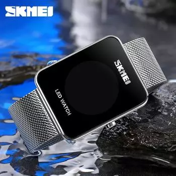 Fashion Red Led Light Student Electronic Watch Youth Square Stainless Steel Mesh Strap Watch серебряный