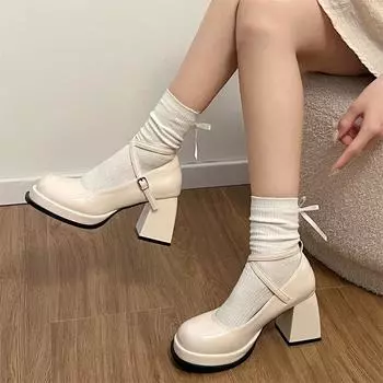 Fashion Red Mary Jane Shoes Women Fashion Brand Chunky Heel Wedding Dress Pumps Women Classic elegant cross buckle high heels black 35 чёрный