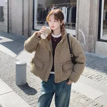 FASHION Red plaid temperament stand-up collar short down jacket women s winter 2024 new design thickened white duck down warm jacket Clothes S хаки