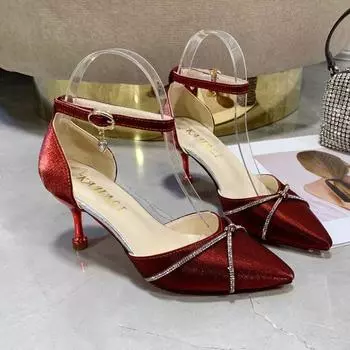 Fashion Red satin wedding shoes spring new pointy-headed rhinobason one-word buckle hollow women s single shoes stiletto heels 34