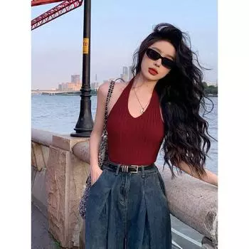 Fashion Red V-neck Sexy Backless Spaghetti Straps Halterneck Burgundy S
