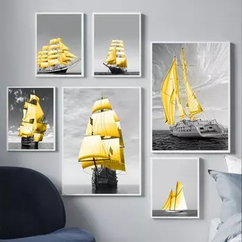 Мода ретро искусство пейзаж холст картина желтый парусник постер офис настенная живопись гостиная украшение дома фреска без рамки 21*30cm No Frame