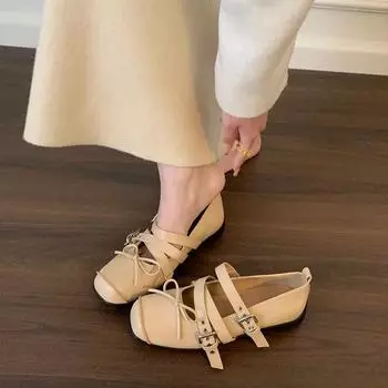Fashion retro ballet shoes women s summer cross-buckle shallow mouth square head single shoes versatile flat Mary Jane shoes 35