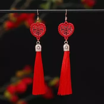 Fashion retro Chinese style bride long fringed earrings with diamonds Chinese knot earrings wedding earrings