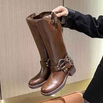 Fashion Retro Cowboy Women Mid Calf Western Female Long Belt Buckle Autumn Shoes Knight Booties Botas Mujer55 Platform Zapatos Trafza 35