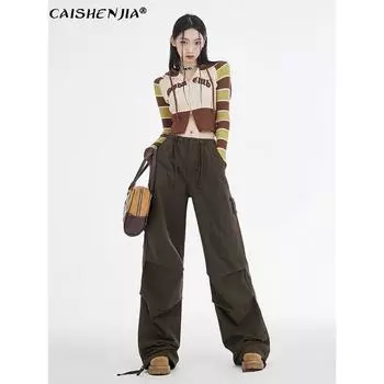 Fashion Retro Dark Brown High Waist Drawstring Cargo Pants Dark Brown [Long]] M