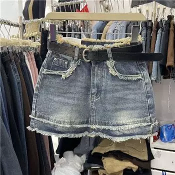 Fashion Retro Denim Skirt Women s Summer Plus Size Small Slim Looking A- line Sheath Skirt Sexy Shorts Skirt Blue 4 Size XL [82.50 kg-87.50 kg]]