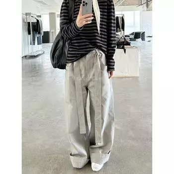 Fashion Retro Design Lace-up Casual Pants Female 2025 Summer New Arrival Sexy Loose BF Idle Style Mop Pants Slacks 3XL