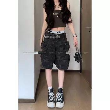 Fashion Retro Design Multi-Pocket Cargo Pants Female 2025 Summer Sexy Hiphop Hip Hop Camouflage Cropped Pants Camouflage Pants L